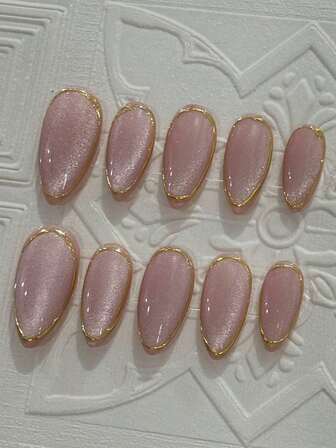 10pcs Handmade Almond-Shaped Fake Nails With Pink Cat Eye & Shiny Gold Mirrored Powder, Fashionable And Upscale Bling Sparkly Sweet Heart Manicure, Handcrafted Reusable Press-On Nails, Long Lasting With Different Lighting Effects, Suitable For Women And Girls Daily Wear, Delicate And Elegant Full Coverage Artificial Nails