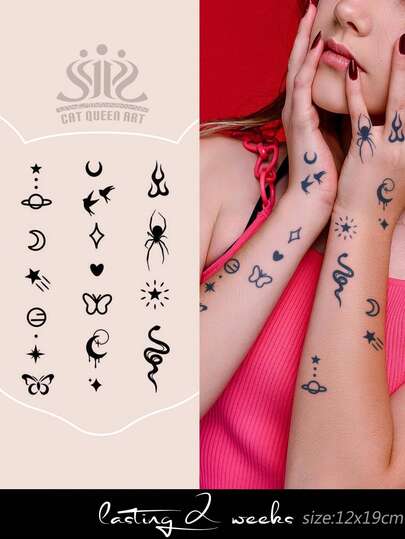 1 miếng dán hình xăm tạm thời từ nước ép thảo dược, chống thấm nước trong 7-14 ngày, họa tiết ngôi sao năm cánh, trái tim, trăng lưỡi liềm, bướm, quà tặng nhỏ, hình xăm tạm thời cho ngón tay, tai, vai, cổ, xương quai xanh.