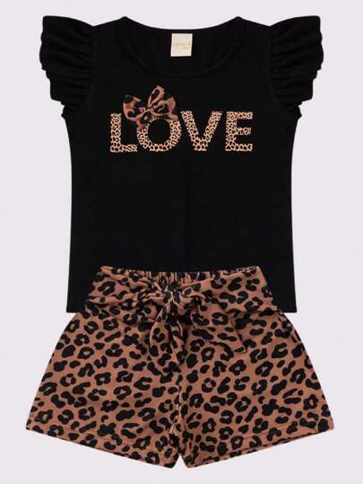 Conjunto Curto Menina Natural Blusa e Shorts Oncinha