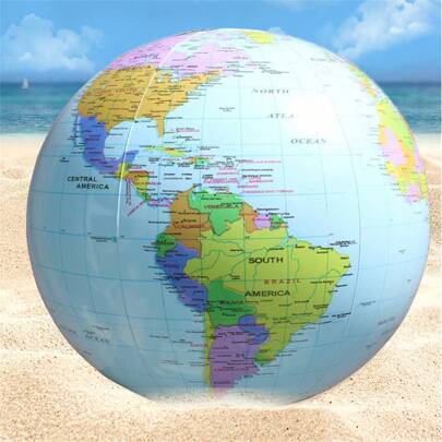 Globo colorido dobrável inflável de PVC de 11,8 polegadas com suporte de enchimento, bola de praia inglesa