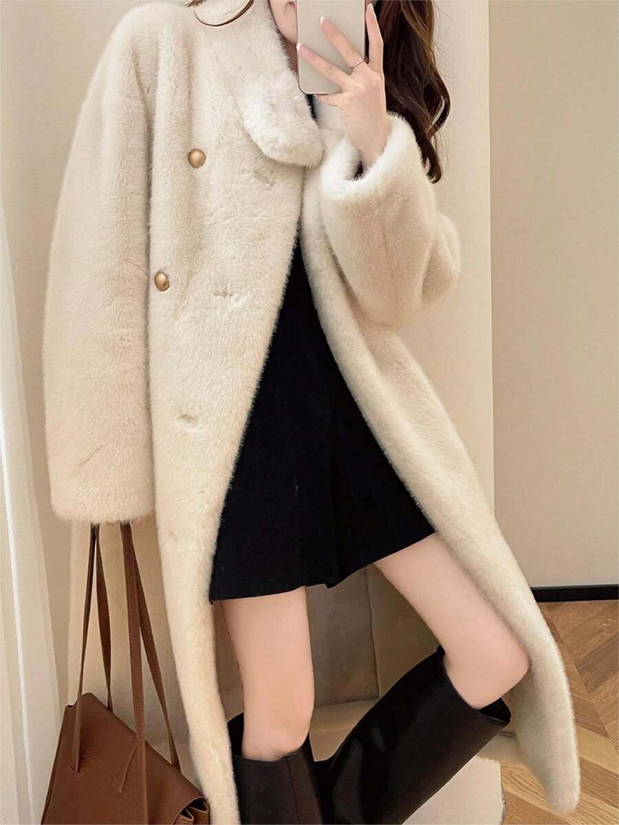女式冬季立领双排扣长款人造毛皮大衣 - 白色 - 查看 1