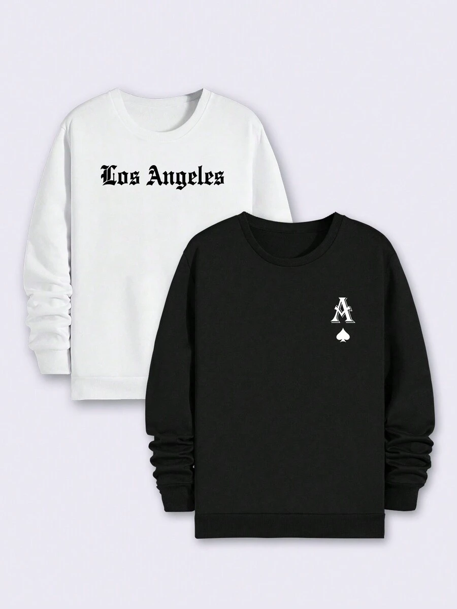 2件装加大码男士城市标语印花圆领长袖卫衣 - 黑與白 - 查看 1