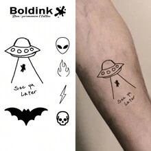 Boldink 非永久性纹身技术。灵感来自外星人、不明飞行物、蝙蝠的设计。入门级纹身。生动逼真。防水临时纹身可持续 1-2 周。自然哑光效果。易于使用。临时纹身的完美选择。 - 黑色 - 查看 2