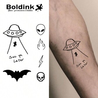  Boldink Non-Permanent Tattoo Tech. Inspired Designs Of Aliens, UFOs, Bats. Entry-Level Tattoos. Vivid And Realistic. Waterproof Temporary Tattoos Lasting 1-2 Weeks. Natural Matte Finish. Easy Application. The Perfect Choice For Temporary Tattoos.