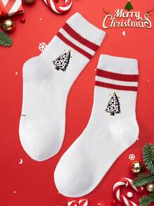 1 pereche de șosete pentru copii cu model de pom de Crăciun, șosete confortabile și la modă până la jumătatea gambei, potrivite pentru ținute de Crăciun, cadouri de sărbători