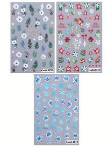 5D 蓝色雪花圣诞指甲贴纸 3 件装彩色红绿花瓣花卉印花树叶设计 DIY 冬季自粘凝胶抛光贴花滑块美甲配件美甲装饰 - 彩色 - 查看 3