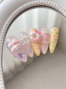 10 件长杏仁形可爱卡通 3D 美甲贴纸，包括甜甜圈、兔子、蝴蝶、亮片、甜黄网格，适合学生、儿童、派对、婚礼和所有女性（包括孕妇）。可重复使用，配有 1 件指甲胶和 1 件指甲锉。 - 彩色 - 查看 3
