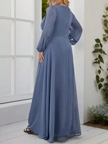 EVERPRETTY 大码女士优雅刺绣伴娘礼服，长袖 - 霧霾藍 - 查看 2