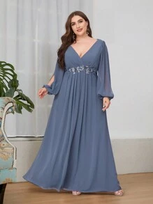 EVERPRETTY 大码女士优雅刺绣伴娘礼服，长袖 - 霧霾藍 - 查看 4
