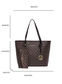 Tas Bahu Musim Dingin Terbaru, Warna Solid, Bahan PU Tahan Air, Desain Cetak Huruf Seluruh Badan, Tas Tangan Kapasitas Besar, Kombinasi 2-in-1, Tas Kerja/Komuter, Cocok untuk Belanja, Perjalanan, Pelajar, Pekerja Kantoran, dll. - Coffee Brown - View 6