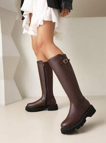 Botas de media pantorrilla cómodas de tacón bajo y puntera redonda negro, un unicolor y versátil con cremallera lateral y hebilla, ideales para usar con vestidos en otoño/invierno