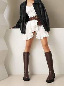Botas de media pantorrilla cómodas de tacón bajo y puntera redonda negro, un unicolor y versátil con cremallera lateral y hebilla, ideales para usar con vestidos en otoño/invierno