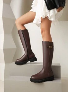 Botas de media pantorrilla cómodas de tacón bajo y puntera redonda negro, un unicolor y versátil con cremallera lateral y hebilla, ideales para usar con vestidos en otoño/invierno