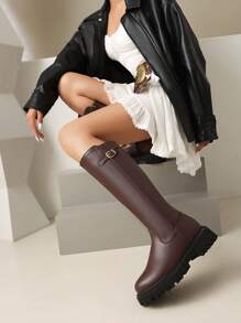 Botas de media pantorrilla cómodas de tacón bajo y puntera redonda negro, un unicolor y versátil con cremallera lateral y hebilla, ideales para usar con vestidos en otoño/invierno
