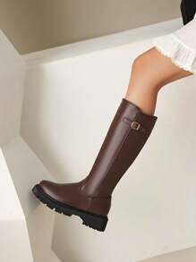 Botas de media pantorrilla cómodas de tacón bajo y puntera redonda negro, un unicolor y versátil con cremallera lateral y hebilla, ideales para usar con vestidos en otoño/invierno