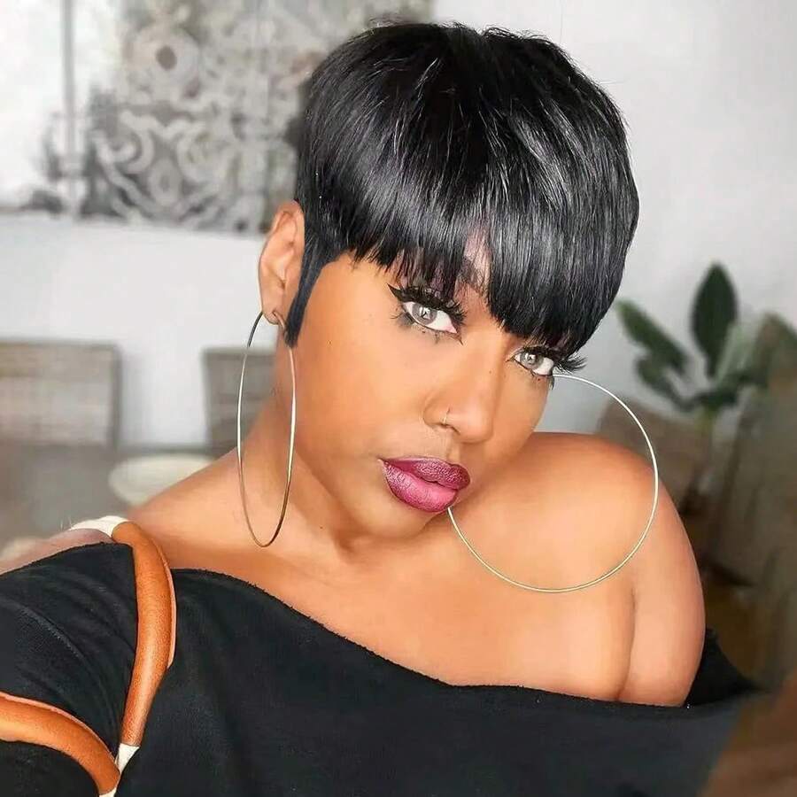 Human Hair Wig Short Bob Pixie Cut Wigs For Women Straight Brazilian Remy Hair Machine Made Wig With Bangs - Natural Black - View 1