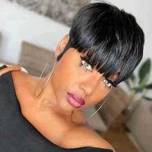 Human Hair Wig Short Bob Pixie Cut Wigs For Women Straight Brazilian Remy Hair Machine Made Wig With Bangs - Natural Black - View 2