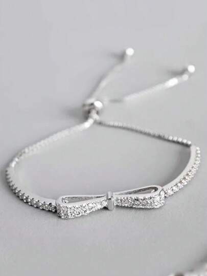 1 peça Bracelete de Cordão Duplo com Laço de Cobre Prateado de Luxo Leve para Mulheres, Uso Diário