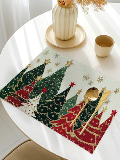 4 peças/conjunto de jogo americano com estampa de árvore de Natal, estrela, topo de árvore e floco de neve, tecido de decoração de mesa de cozinha/jantar de fibra de poliéster de estilo moderno, adequado para decoração de Natal em sala de jantar e cozinha