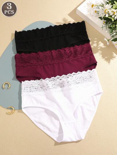 3pcs Women's Multi-Color Waist Lace Patchwork Comfortable Bikini Briefs