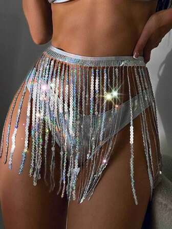 YIBOO 1 Piece Set Sexy Spice Sequin Waist Chain Everything Goes With Party Fringe Dress,Perfect Summer Dress, Rave