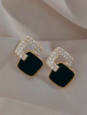 1 par de aleación Aceite & diamante cuadrado Pendientes de tachuela para regalo de citas