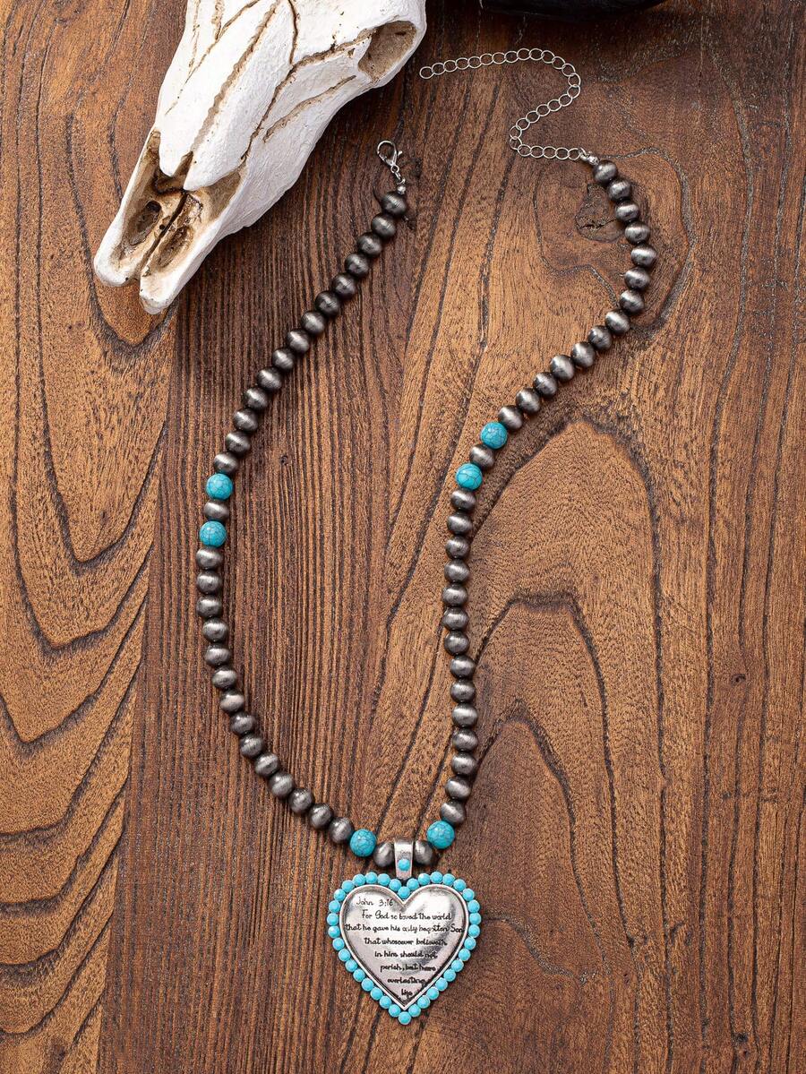 1pc Retro Western Style Cross & Heart Beaded Necklace, Cowgirl Jewelry - Multicolor - View 1