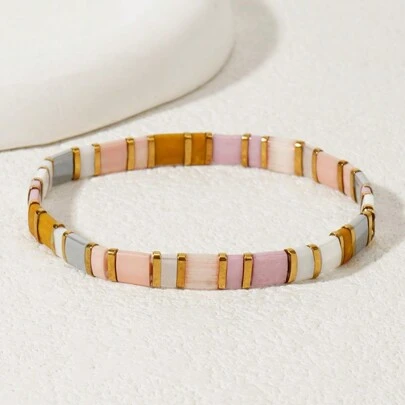 1pc Vintage Bohemian Style Black White Gold Tila Beaded Bracelet, High-End Minimalist Elastic Design Tila Bracelet, Stackable Tila Bracelet, Contrast Color Tila Beaded Bracelet, Friendship Bracelet, Couples Bracelet, Women Bracelet, Fashionable Daily Matching/Luxury Gift Choice, Birthday Gift, Family Gift, Couples Gift, Women Gift, Best Gift