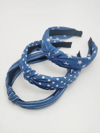 3件套复古牛仔波点条纹发带，时尚花朵星星发箍，休闲佩戴，美妆，发带，头饰