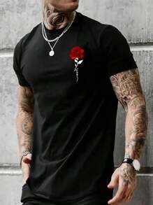 (220 Pure Cotton T-Shirt)   Men's Summer Round Neck Short Sleeved Casual Pure Cotton T-Shirt Print  Rose Language - 黑色 - 查看 1