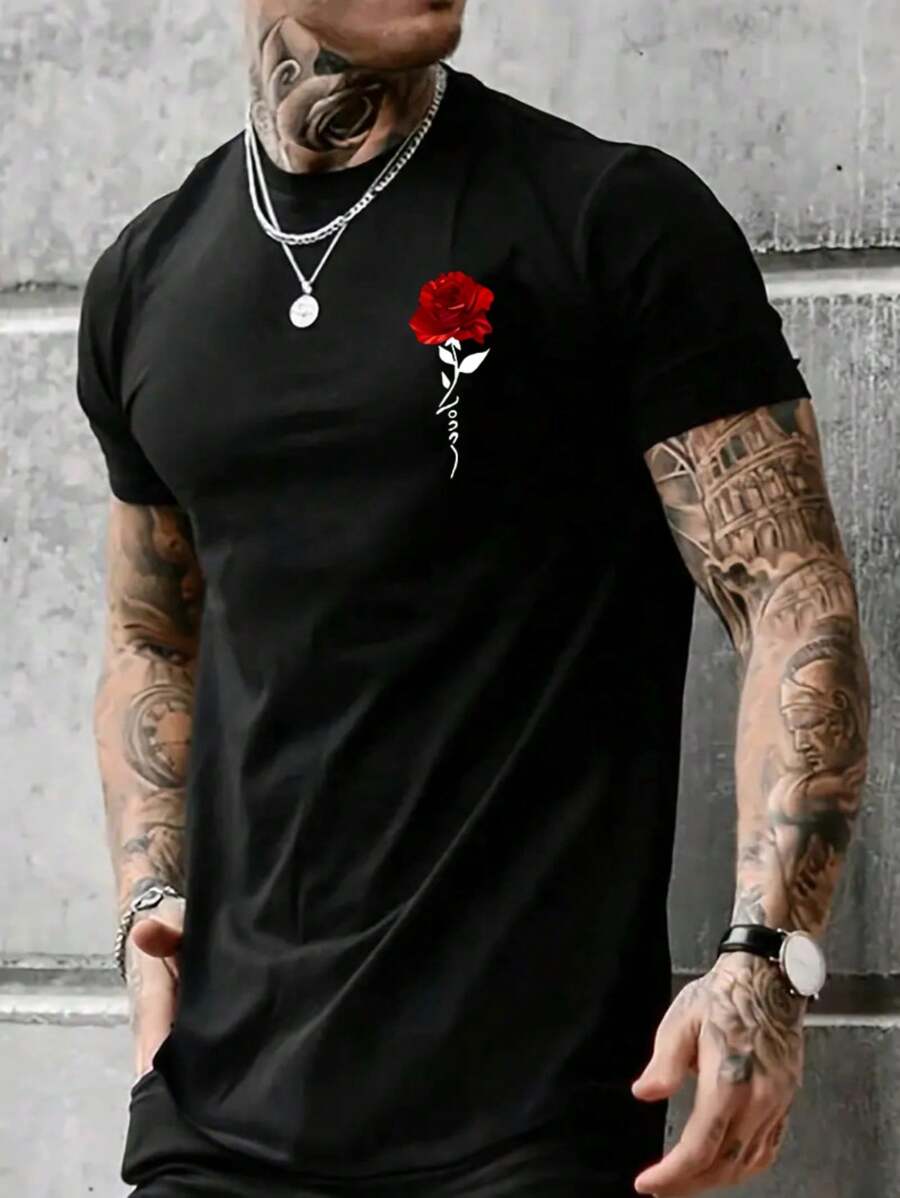 (220 Pure Cotton T-Shirt) Men's Summer Round Neck Short Sleeved Casual Pure Cotton T-Shirt Print Rose Language - 黑色 - 查看 1
