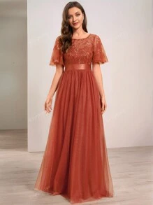 Flutter Sleeve Floral Sequin Dress Mesh Prom Formal Dress For Dinner Elegant Evening Dress Bridesmaid Dress For Wedding