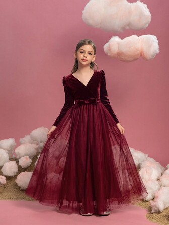 Vestido de tul de patchwork de terciopelo de manga larga para niña preadolescente con decoración de lazo