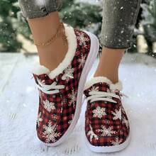 Stivali da neve in pile con decorazione a fiocco di neve alla moda, stivali invernali da donna caldi e comodi, stivali alla caviglia piatti e casual