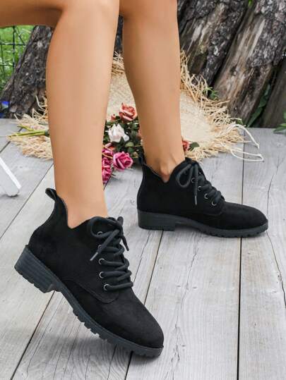 Women's Black Simple Style Boots, Premium Faux Suede Pointed Toe Lace-Up Design Ankle Boots, Anti-Slip Chunky Heel, Retro & Classic All-Match Motorcycle Boots