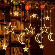 Luces de cadena con estrellas y lunas, operadas con batería con control remoto, luces de cortina LED, guirnalda solar, luces LED con estrellas y lunas, para decoración de Ramadán, dormitorio, boda nórdica, fiesta, jardín, camping, patio, decoración navideña, interior y exterior, decoración del hogar, decoración de fiestas, decoración de vacaciones, regalo de Navidad, adornos del árbol de Navidad
