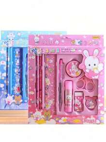 9 Stück/Set Koreanischer Stil Cartoon Schreibwaren Set Geschenkbox, kreative Schul-Zubehör Geschenke, beinhaltet Bleistifte, Anspitzer, Radiergummi, Lineal, Kugelschreiber usw., geeignet als Party-/Weihnachts-/Geburtstaggeschenk