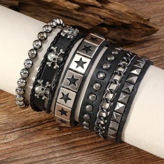 Yanxyad 4 stuks brede PU leren schedel pentagram armbanden set - handgemaakte multi-layers studded leren, schedel kralen polsbandjes, ideale sieraden cadeaus voor mannen en tienerjongens, perfect voor punk rock fans