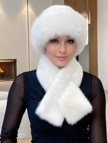 1 Set Of Winter Fluffy Hat & Scarf, Thick Warm Fashion Ear Protection, Elegant Casual, Polyester Material, Fluffy Splicing, Warm, Windproof, Sexy Lady, Autumn/Winter