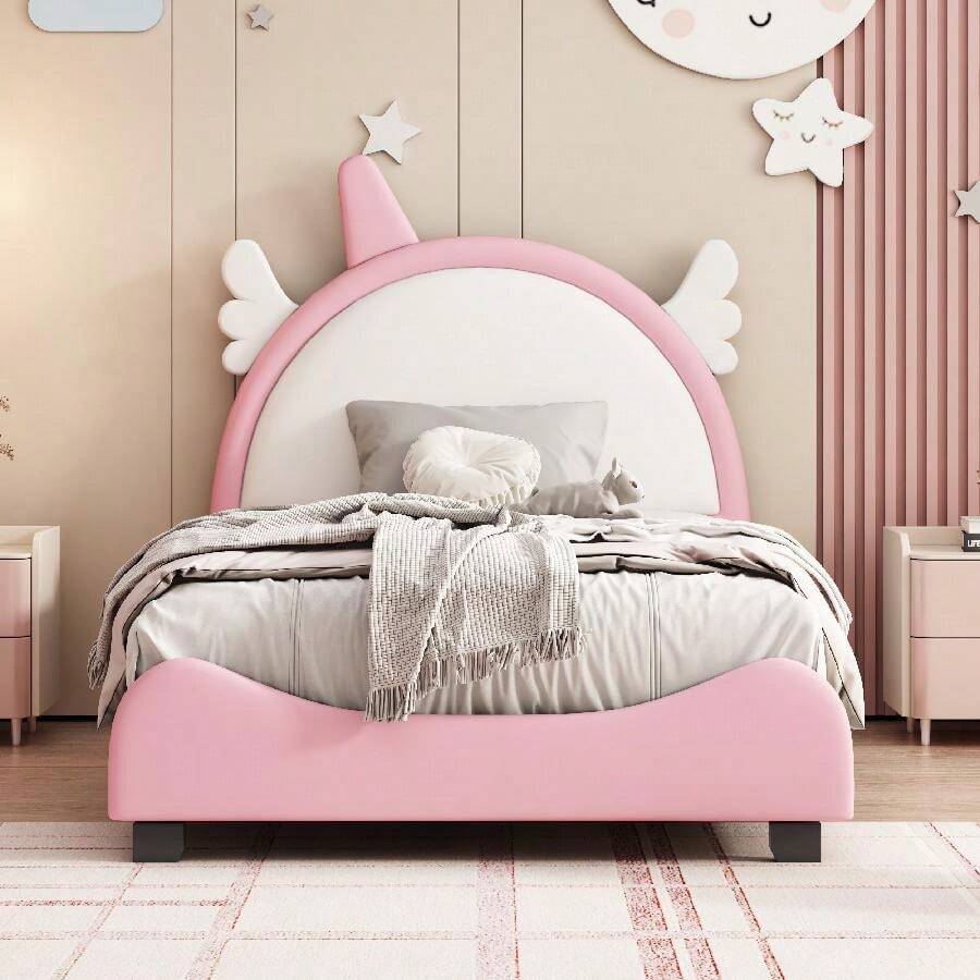 Cute Twin/Full Size Upholstered Bed With Unicorn Shape Headboard, Platform Bed With Footboard, White And Pink, Pine Wood Frame, 250lbs Capacity, For Kids' Bedroom - Pink - View 1