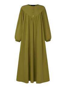 ZANZEA Women Round Neck Buttons Pleated Long Sleeve Tunic Swing Loose Kaftan Casual Party Long Dress - 墨綠色 - 查看 3