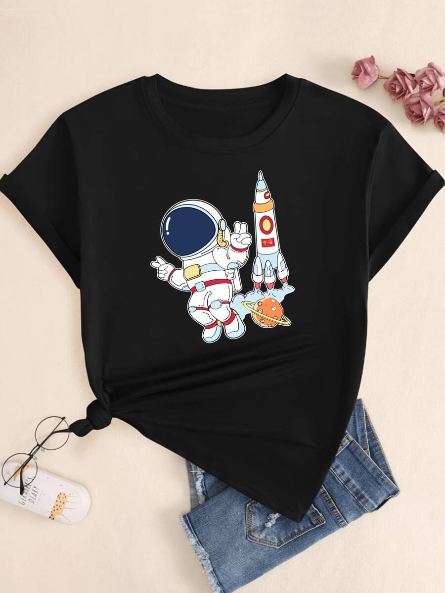 Astronaut Print T-Shirt Women's Blouse Casual Short T-Shirt Premium Comfort - màu đen - Xem 1