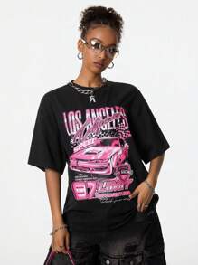 OVERSIZED Letter And Car Print Drop Shoulder T-Shirt - 彩色 - 查看 1