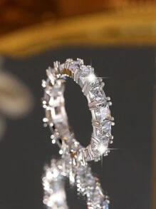 1枚时尚方形立方氧化锆结婚戒指，女士珠宝，奢华服饰配饰 - 銀色 - 查看 5