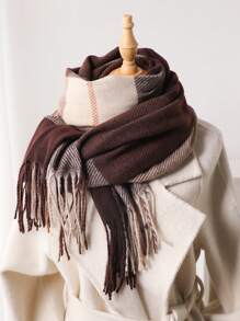 1 chiếc khăn quàng cổ cashmere giả kẻ caro màu thời trang thu đông cho nữ phiên bản Hàn Quốc mới, khăn choàng tua rua đa năng, khăn choàng ấm áp chống lạnh, áo khoác ngoài, đi làm, du lịch, giải trí, phụ kiện mặc hàng ngày cho nữ - WT184-3 màu nâu - Xem 2