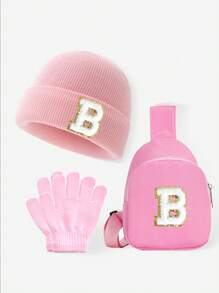 Set de 3 piezas para bebés y niños: Gorro con estampado de 26 letras, guantes y bolsa tipo monedero. Conjunto de ropa de invierno para niñas, apto para uso diario de niñas pequeñas en otoño e invierno. Accesorio de moda con monedero.