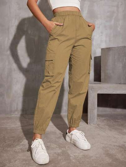 1件装少女休闲多功能多口袋抽绳腰工装裤，适合运动、户外活动、春夏秋冬四季穿着。