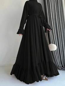 Style Ruffle Hem Modest Long Sleeve Dress - Black - View 5