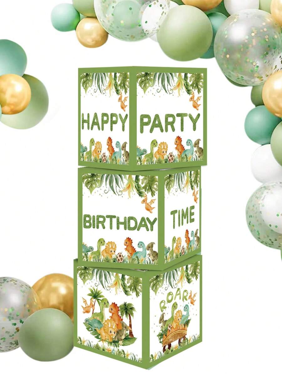 3个27厘米丛林动物恐龙风格生日派对背景装饰盒，丛林主题生日快乐派对房间墙面背景装饰，恐龙洗礼生日气球填充盒