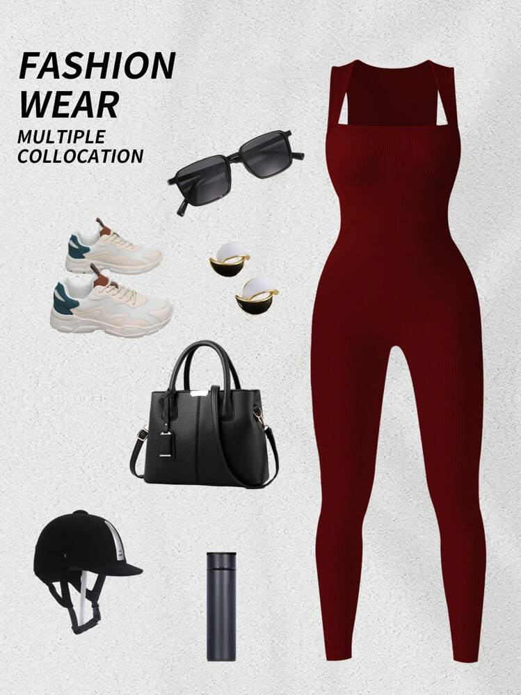 Yefecy Mujeres Yoga Acanalado Un Pieza Tanque Tops Monos Sin Mangas Trajes de Ejercicio Shapewear Bodys - Burdeos - Añade 5